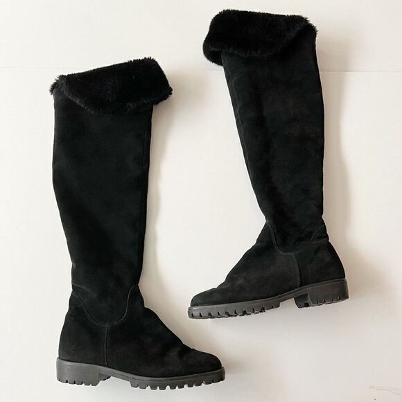 Vintage Aquatalia Made in Italy Black Suede Over The Knee Boots Square‎ Toe Sz 7 - Picture 1 of 8